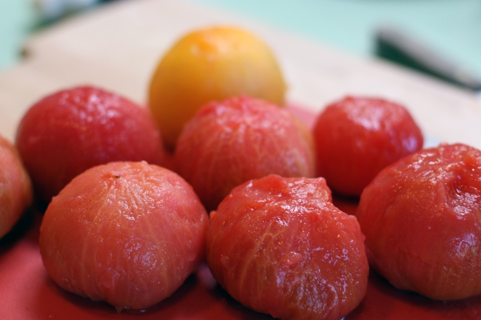 Peeled heirloom tomatoes