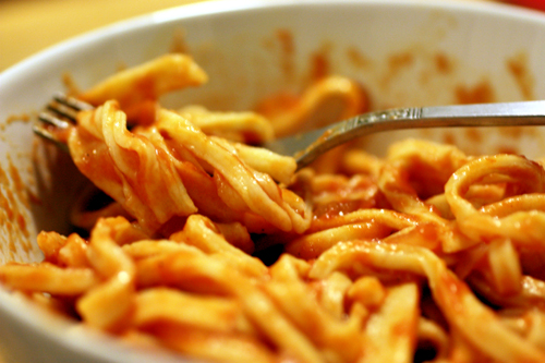 pasta enrobed in buttery tomato sauce