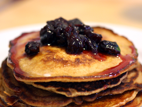Whole Wheat Molasses Pancakes from scratch, with sour cherry preserves