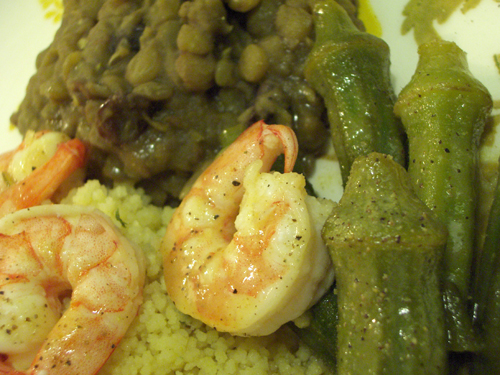 Shrimp with okra, curried lentils and couscous